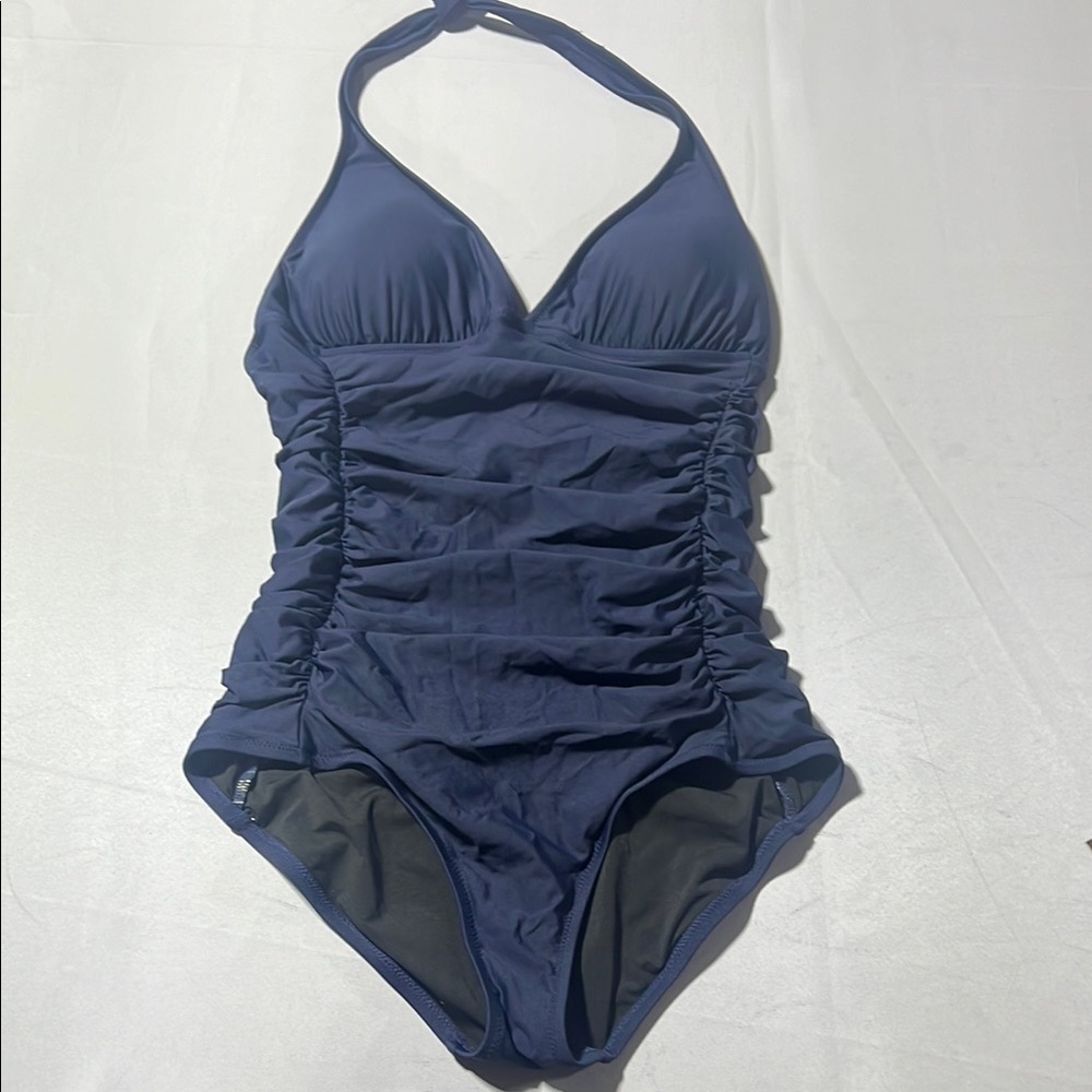 J crew one piece swimsuit navy blue size 12 flattering fit halter top